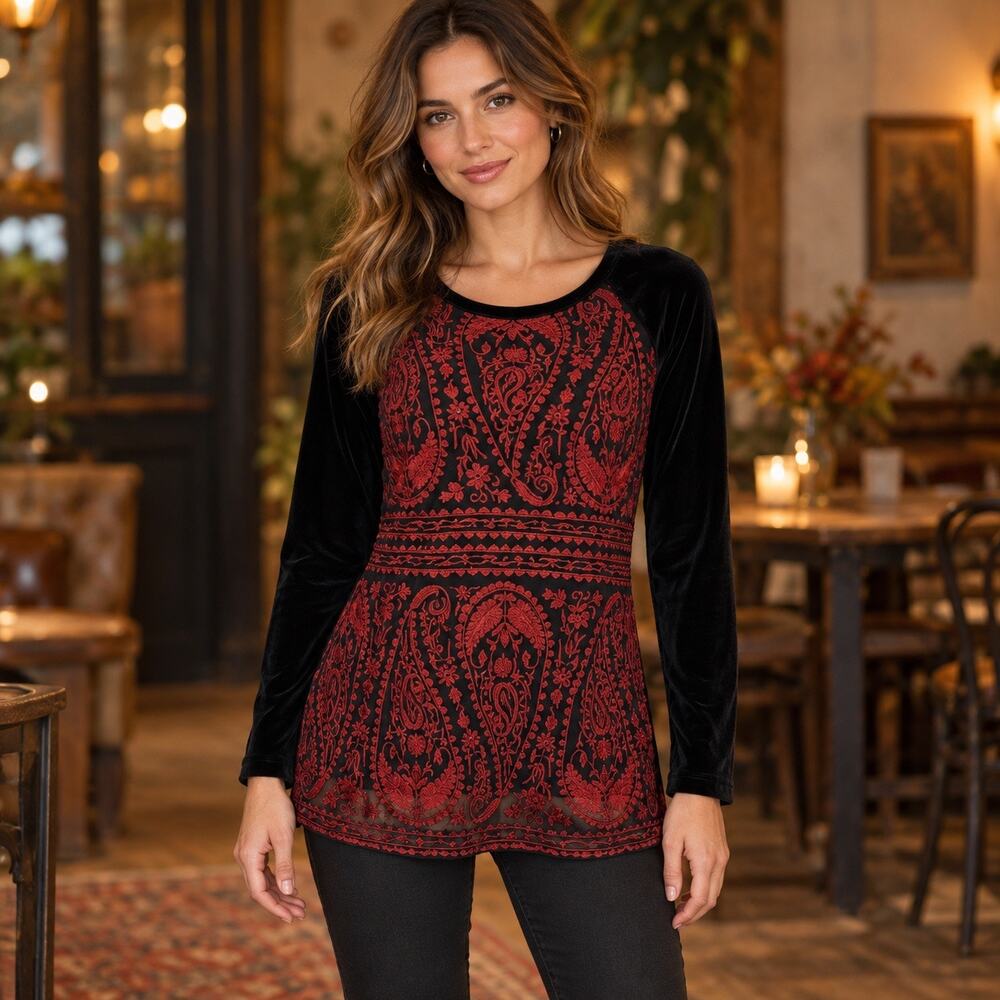 Sundance Enchantress Velvet Top Womens M Black Red Embroidered Mesh Boho